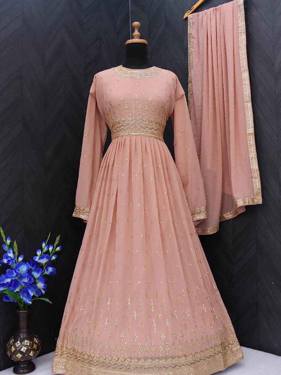 Peach Georgette Embroidery Anarkali with Dupatta Set - Indiakreations