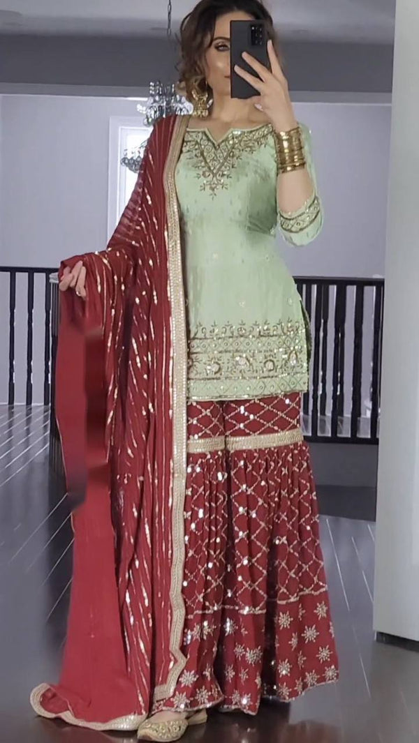 Green And Maroon Georgette Embroidery Salwar Suit With Dupatta Set