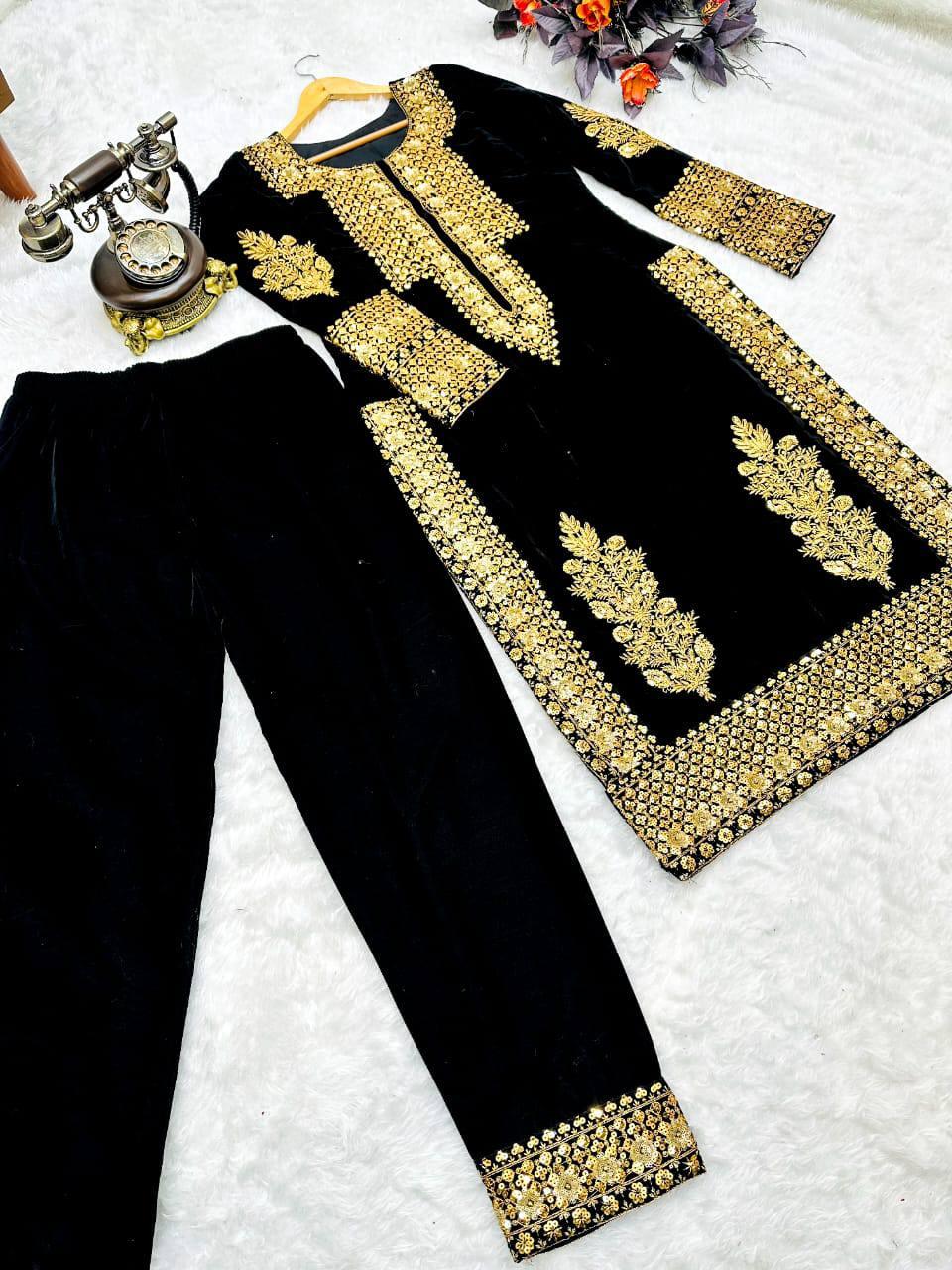 Navy Blue Velvet Embroidery Salwar Suit with Dupatta - Indiakreations