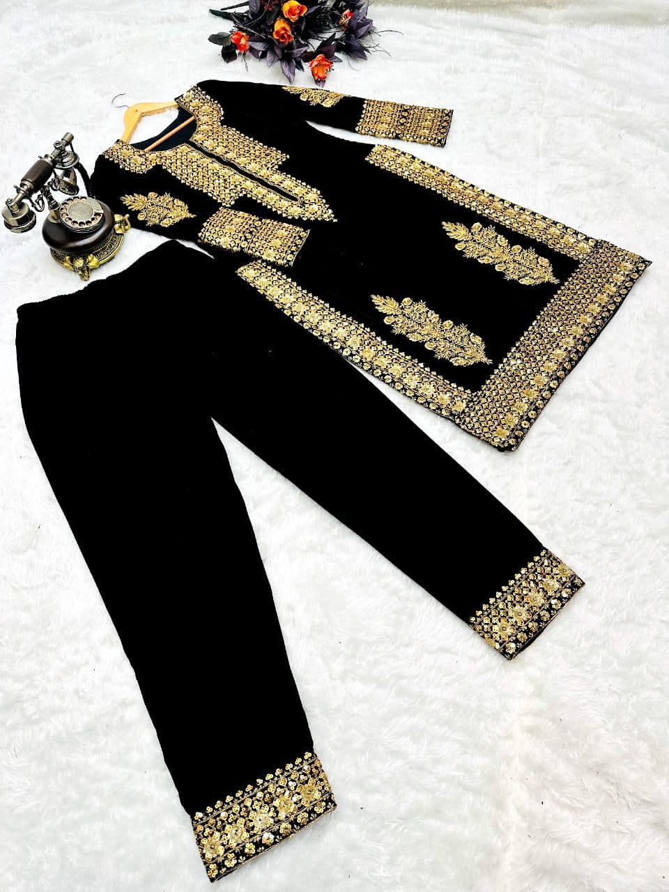 Navy Blue Velvet Embroidery Salwar Suit with Dupatta - Indiakreations