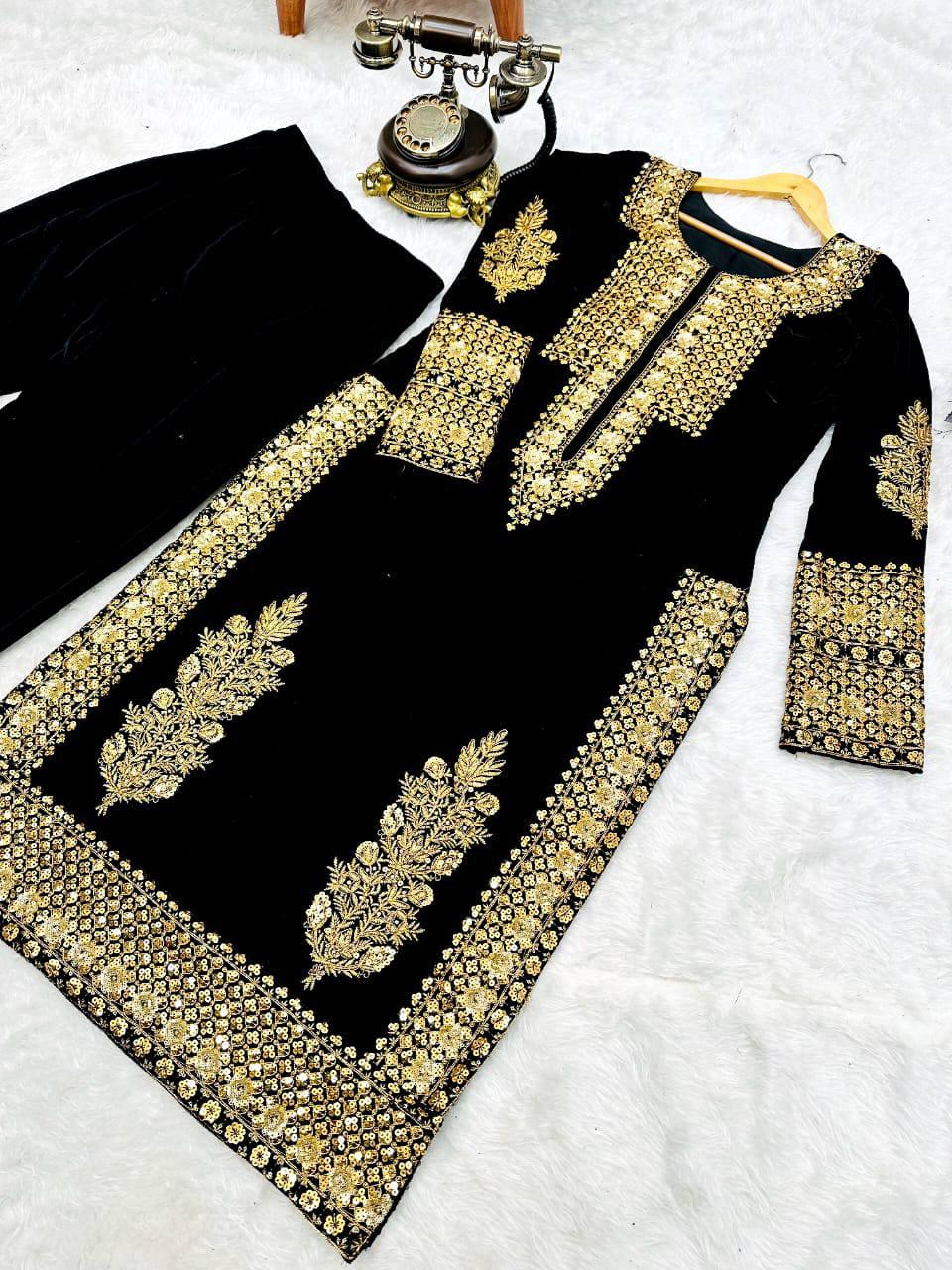 Navy Blue Velvet Embroidery Salwar Suit with Dupatta - Indiakreations