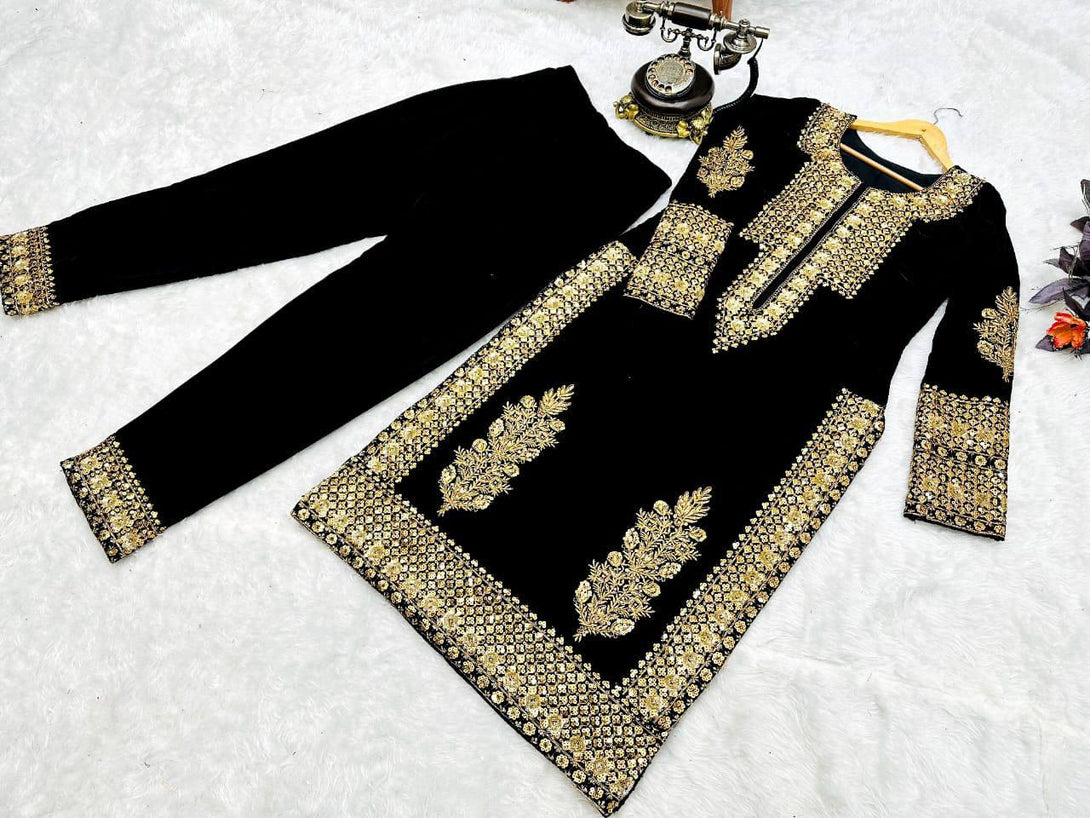 Navy Blue Velvet Embroidery Salwar Suit with Dupatta - Indiakreations