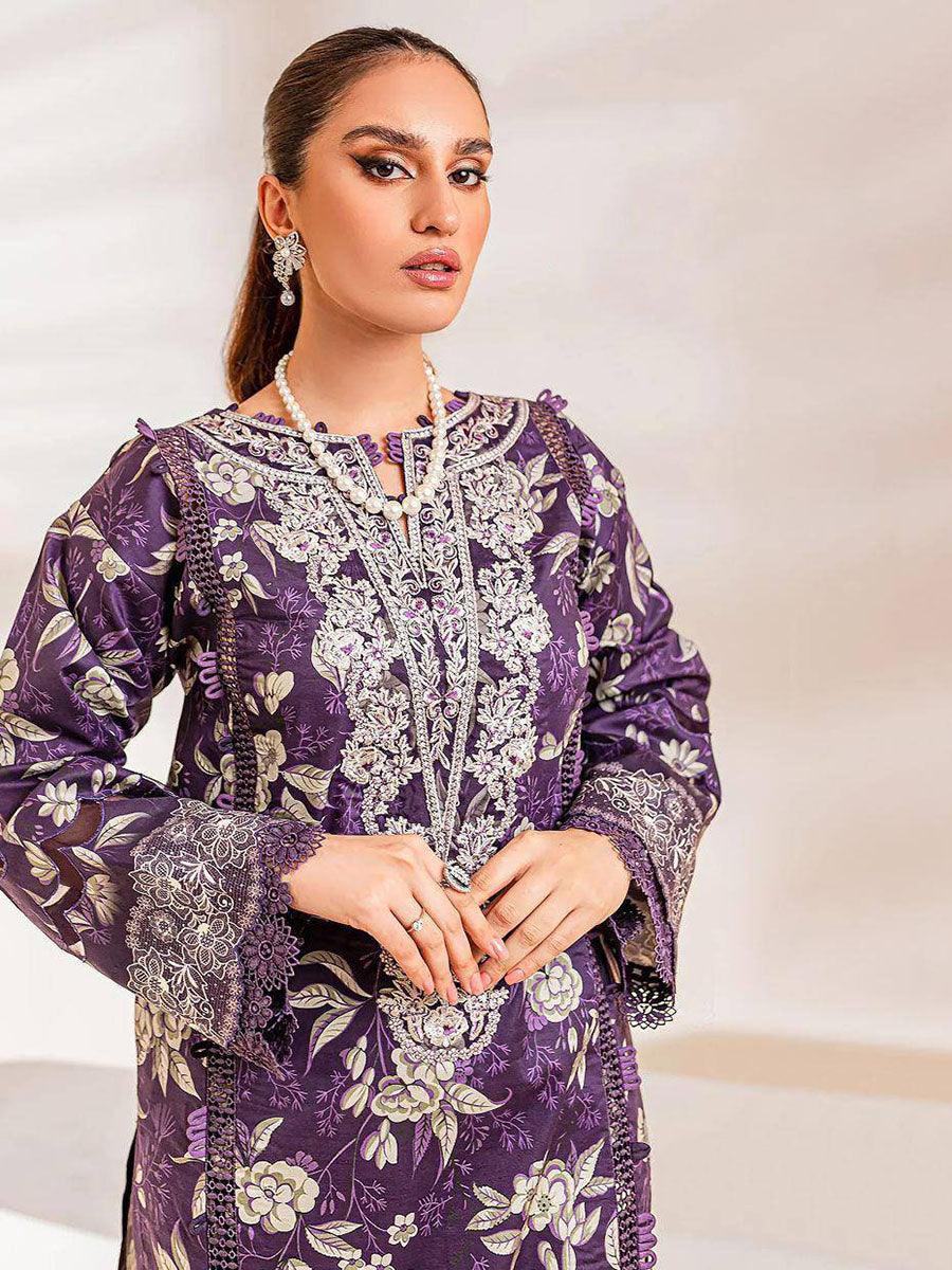 Mauve Purple Leaf Cotton Embroidery Anarkali with Dupatta Set - Indiakreations