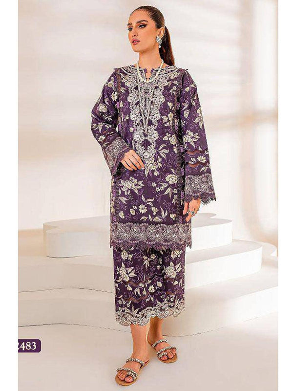 Mauve Purple Leaf Cotton Embroidery Anarkali with Dupatta Set - Indiakreations