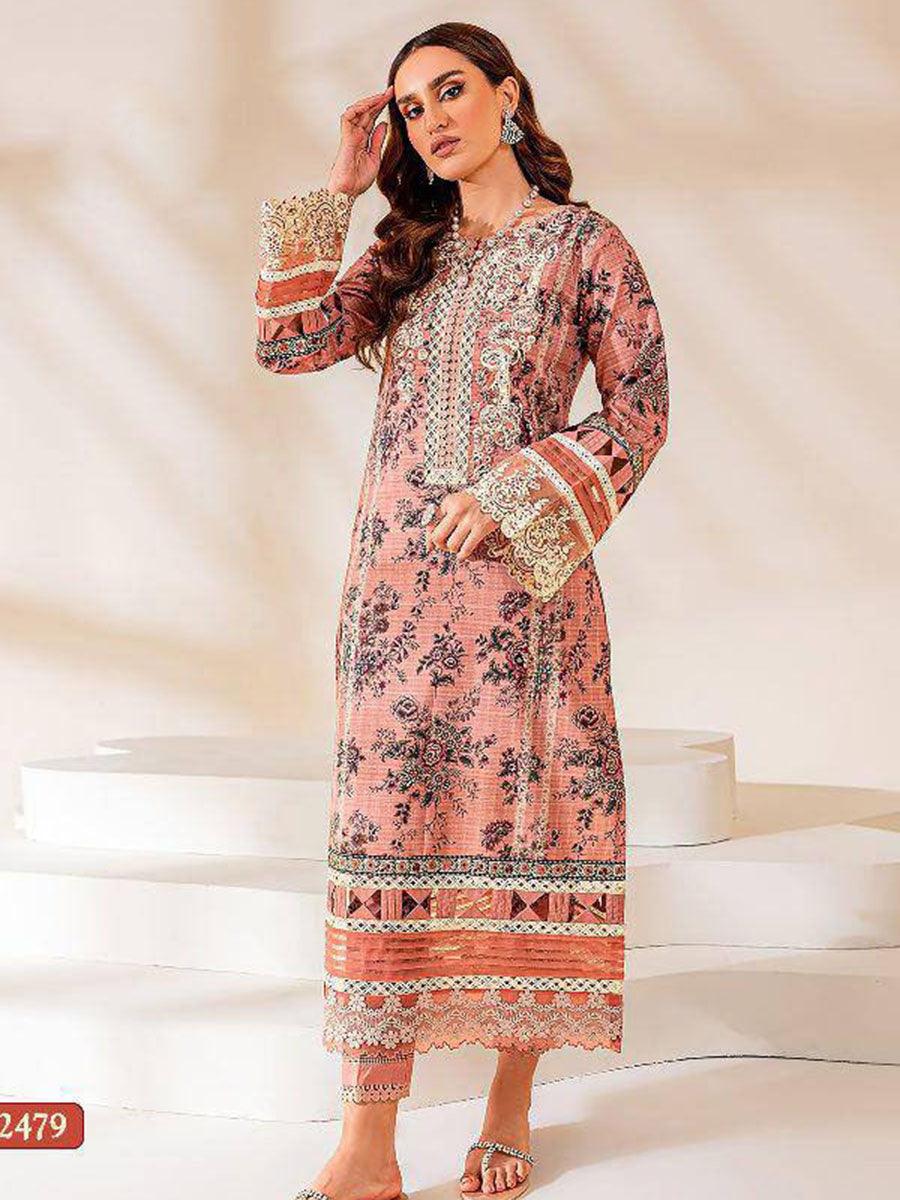 Coral Peach Leaf Cotton Embroidery Anarkali with Dupatta Set - Indiakreations