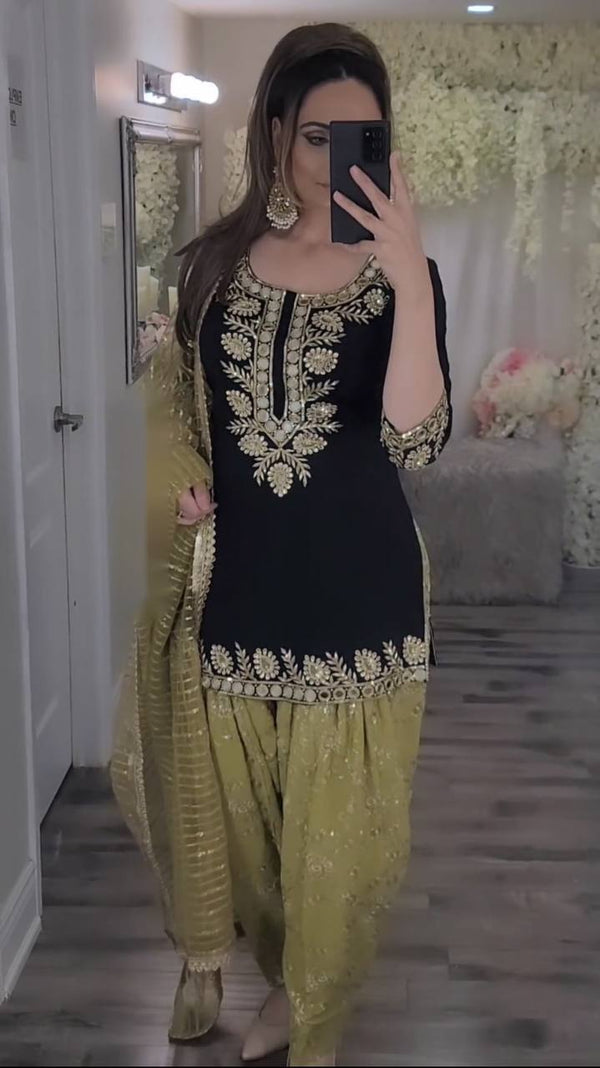 Black And Olive Georgette Embroidery Salwar Suit With Dupatta Set