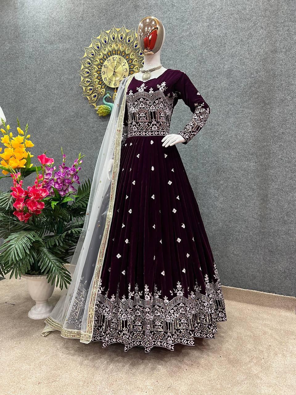 Purple Velvet Embroidery Salwar Suit with Dupatta - Indiakreations