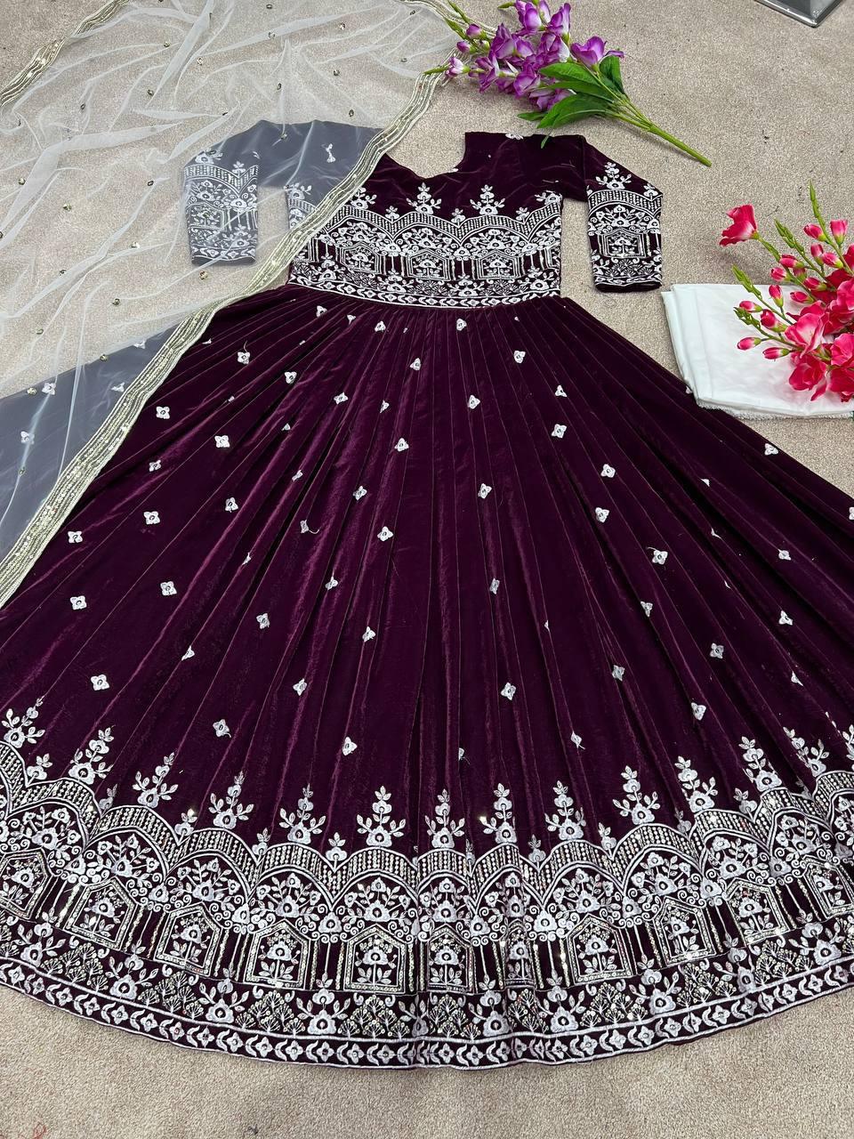 Purple Velvet Embroidery Salwar Suit with Dupatta - Indiakreations