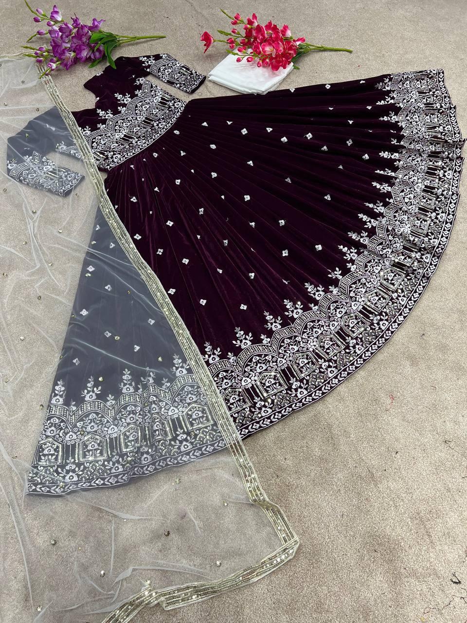 Purple Velvet Embroidery Salwar Suit with Dupatta - Indiakreations