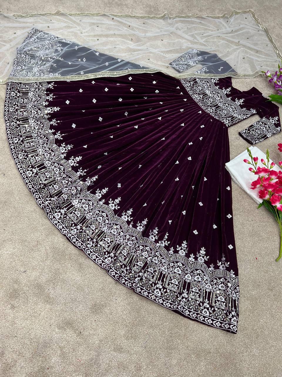 Purple Velvet Embroidery Salwar Suit with Dupatta - Indiakreations