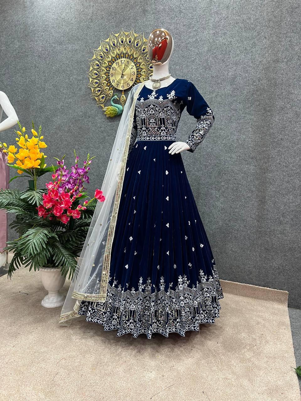 Navy Blue Velvet Embroidery Salwar Suit with Dupatta - Indiakreations