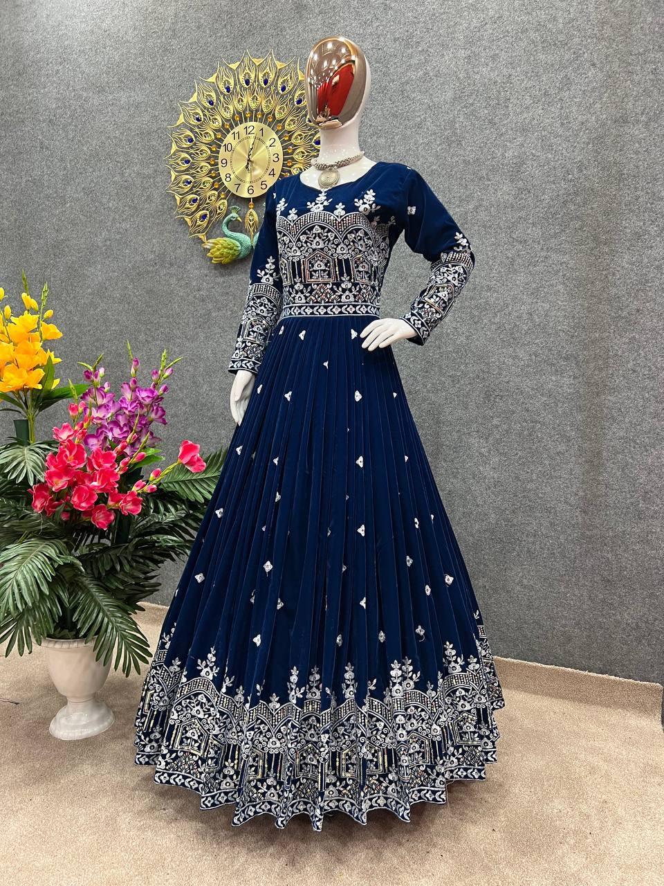 Navy Blue Velvet Embroidery Salwar Suit with Dupatta - Indiakreations