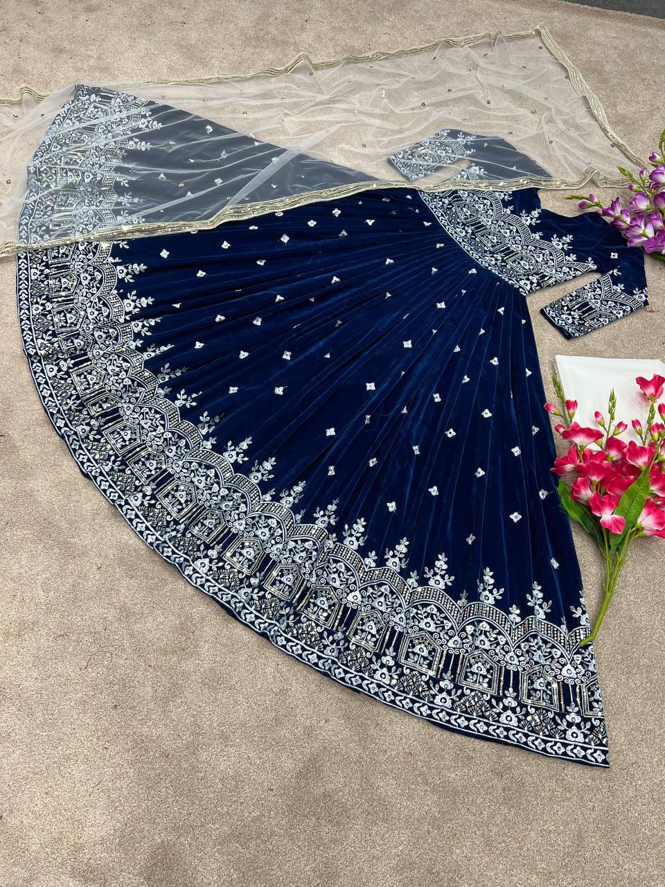 Navy Blue Velvet Embroidery Salwar Suit with Dupatta - Indiakreations