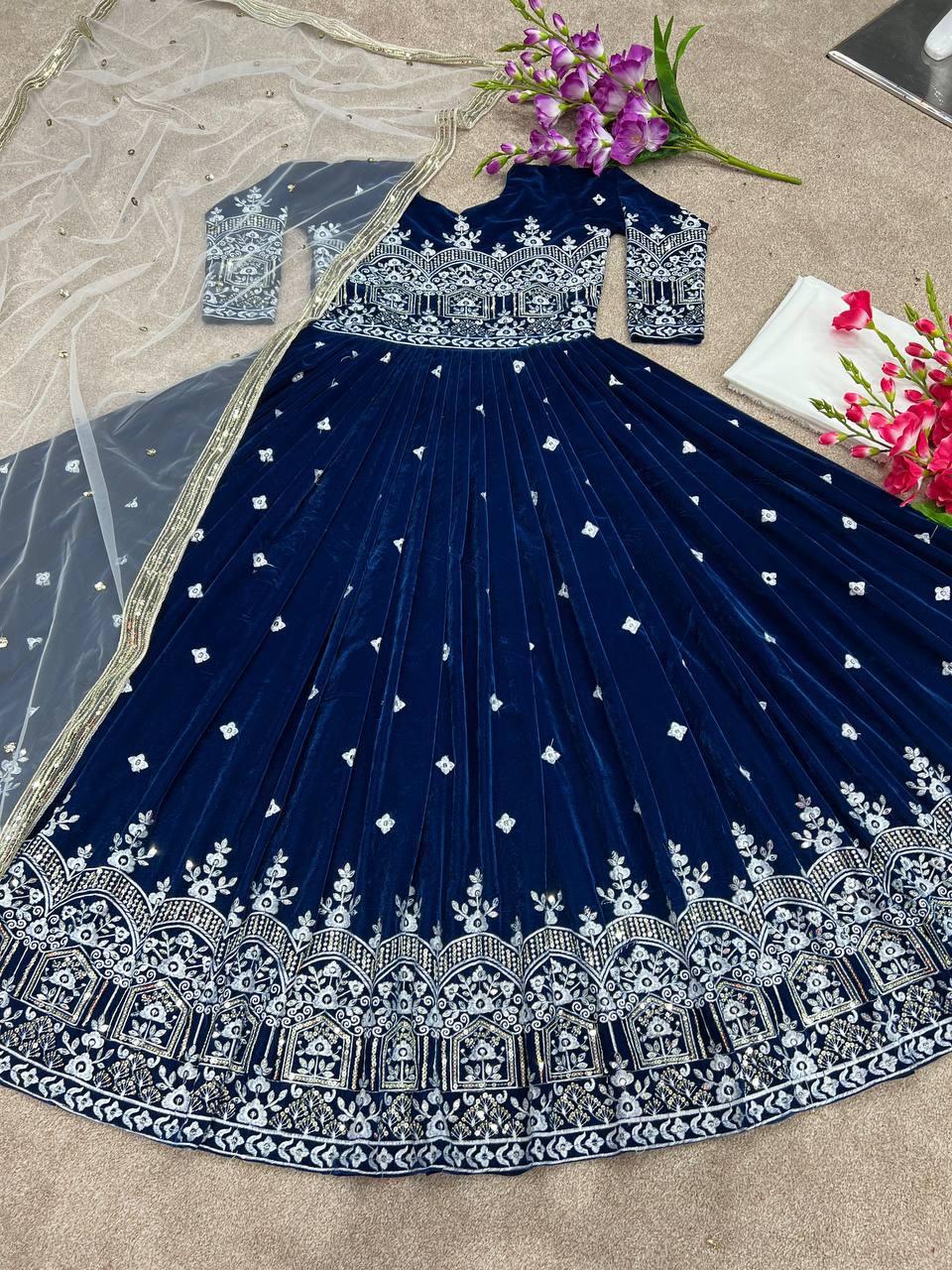 Navy Blue Velvet Embroidery Salwar Suit with Dupatta - Indiakreations