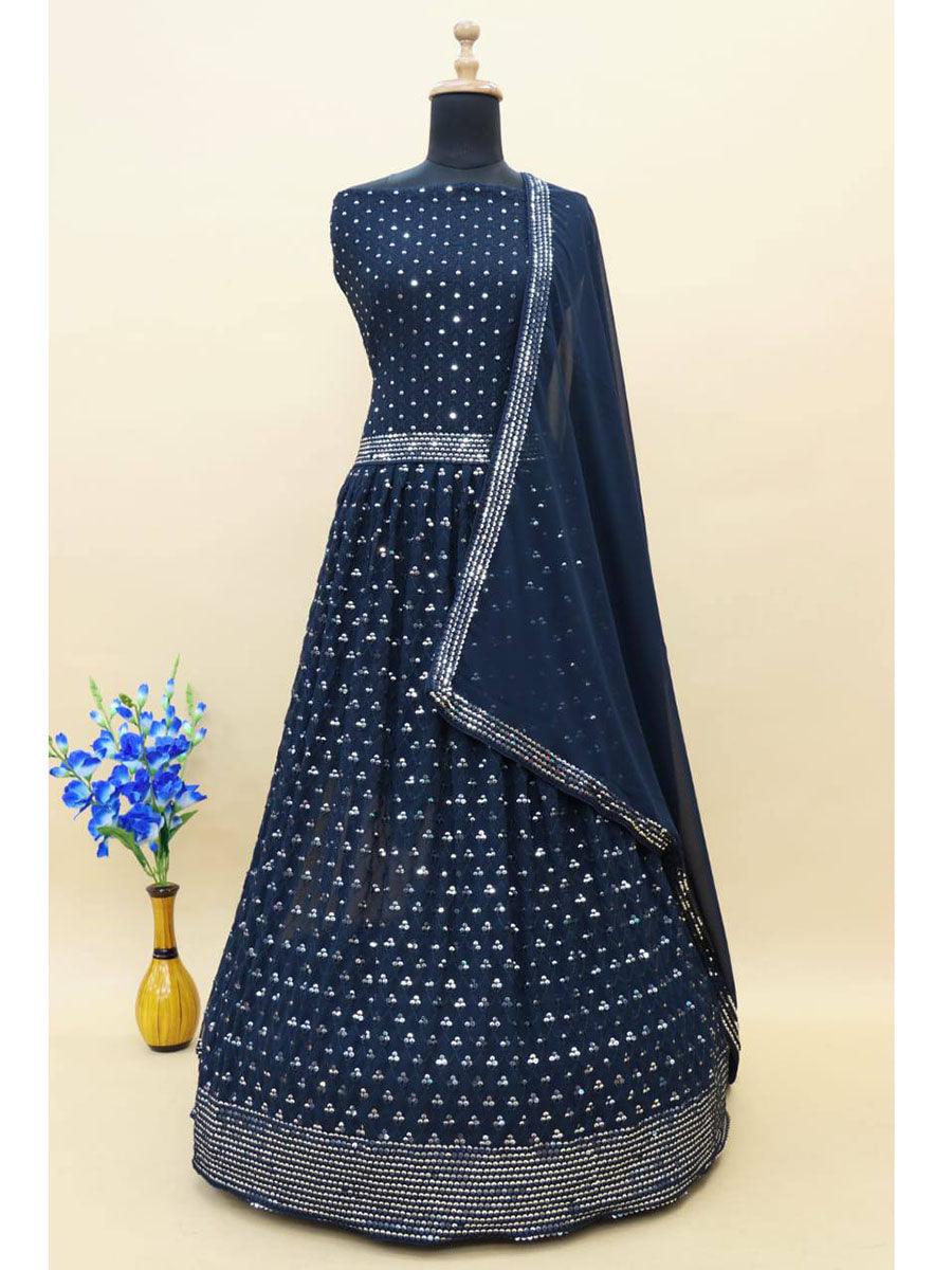 Yale Blue Georgette Embroidery Anarkali with Dupatta Set - Indiakreations