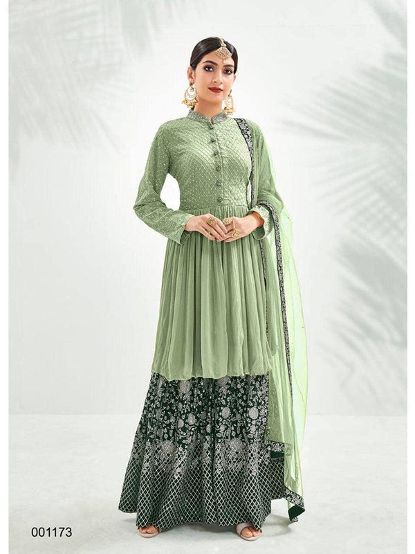 Pistachio Green Georgette Embroidery Anarkali with Dupatta Set - Indiakreations