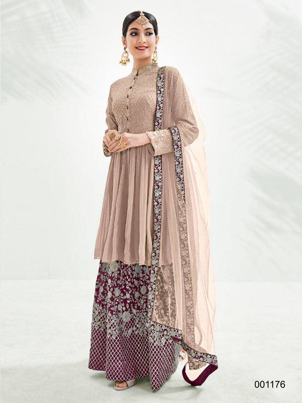 Brown And Maroon Georgette Embroidery Anarkali with Dupatta Set - Indiakreations