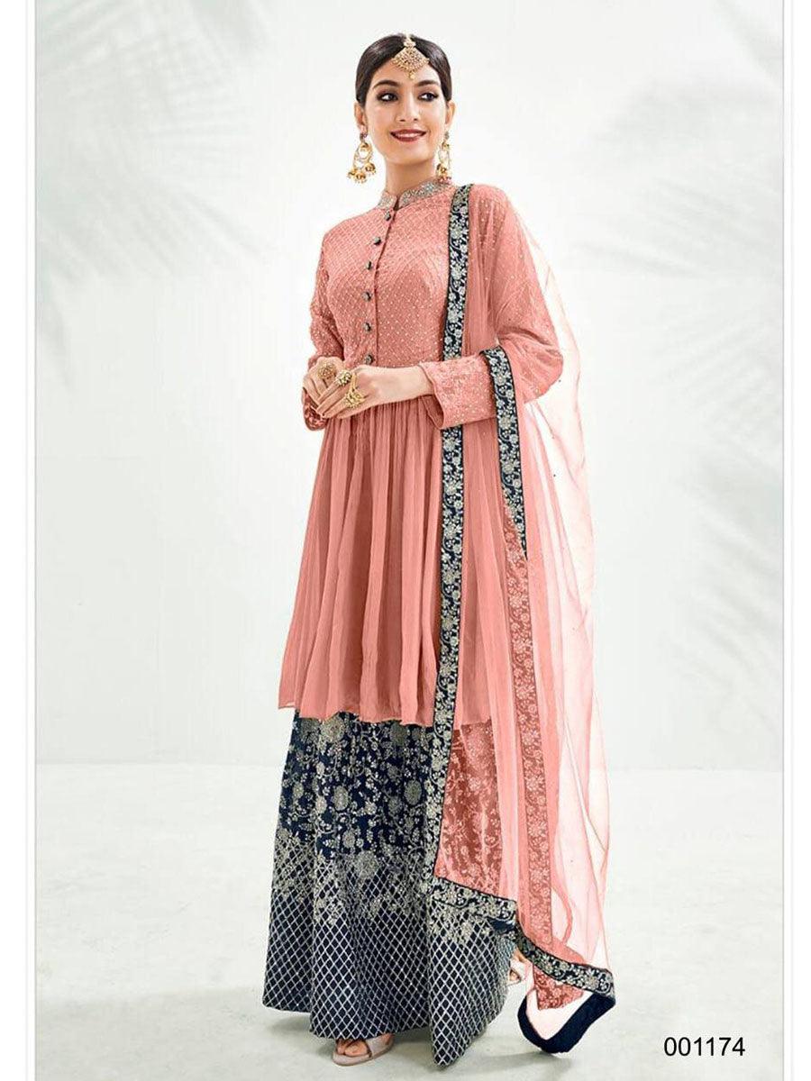 Peach And Blue Georgette Embroidery Anarkali with Dupatta Set - Indiakreations