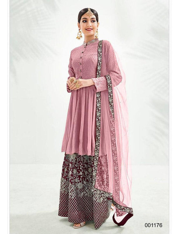 Pink And Maroon Georgette Embroidery Anarkali with Dupatta Set - Indiakreations