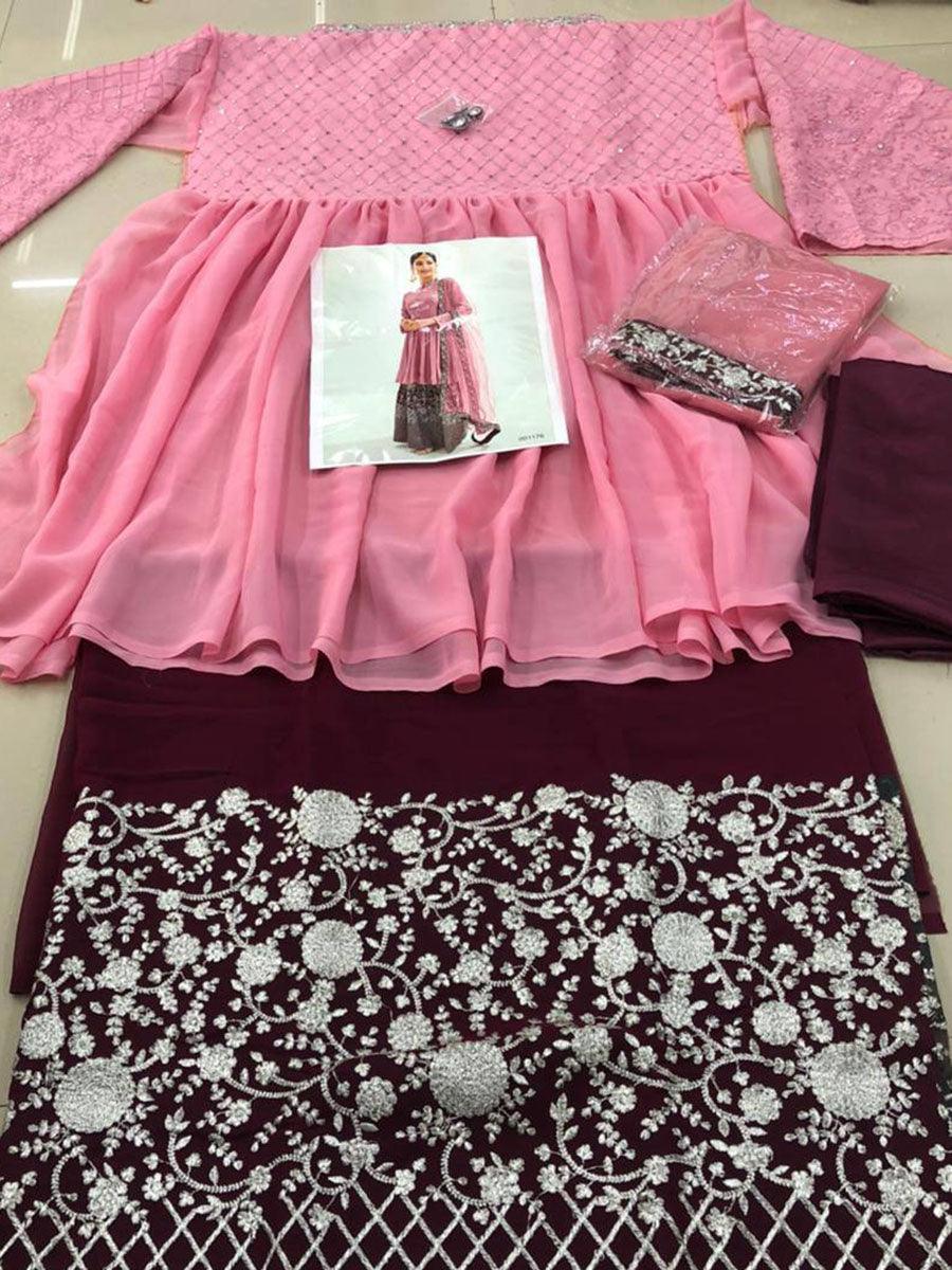 Pink And Maroon Georgette Embroidery Anarkali with Dupatta Set - Indiakreations