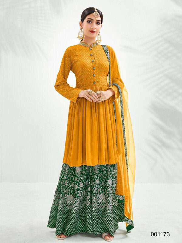 Orange And Green Georgette Embroidery Anarkali with Dupatta Set - Indiakreations