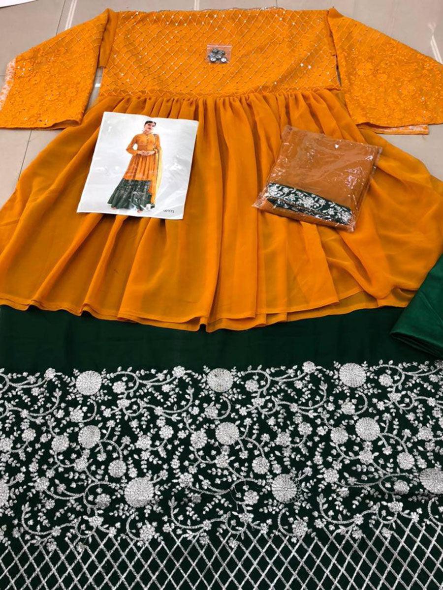 Orange And Green Georgette Embroidery Anarkali with Dupatta Set - Indiakreations