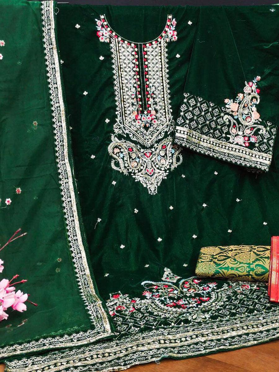 Forest Green Velvet Embroidery Anarkali with Dupatta Set - Indiakreations