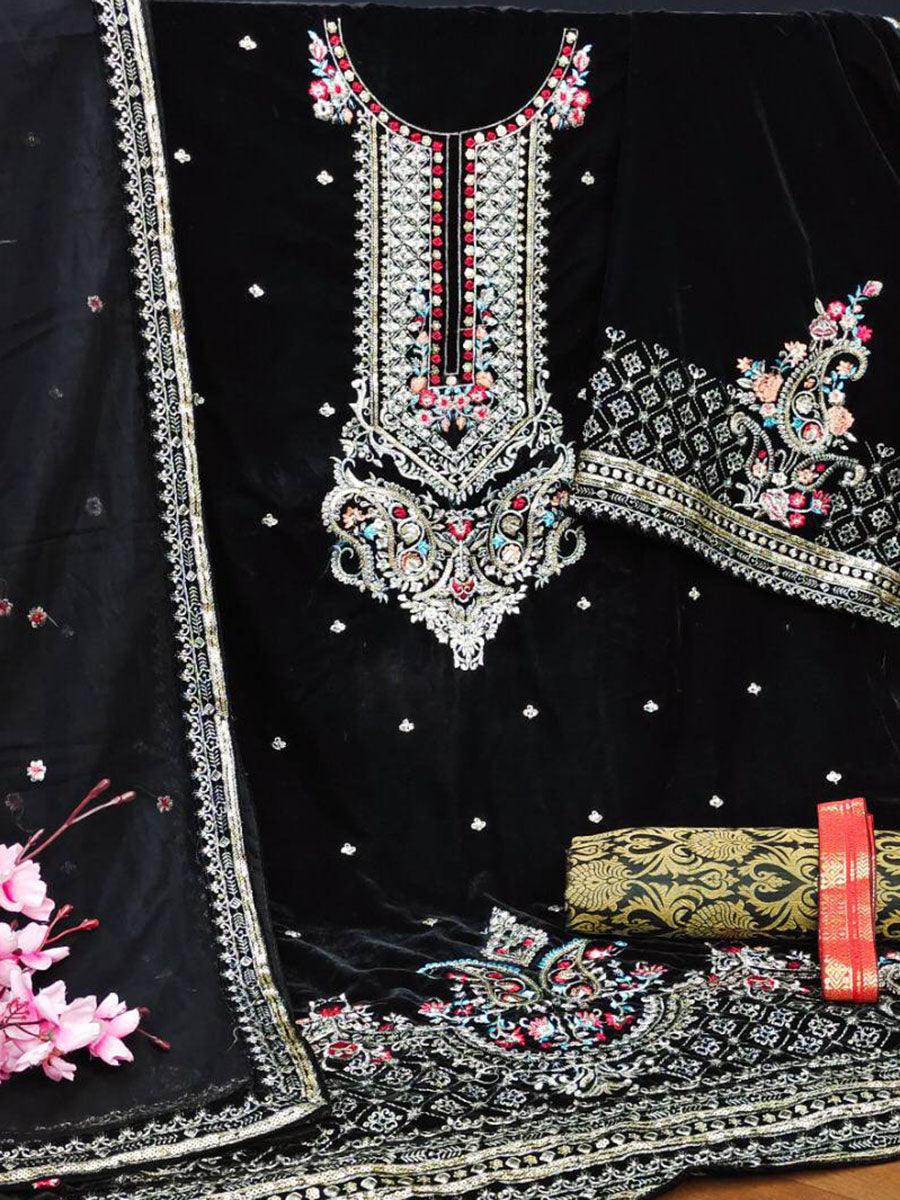 Black Velvet Embroidery Anarkali with Dupatta Set - Indiakreations