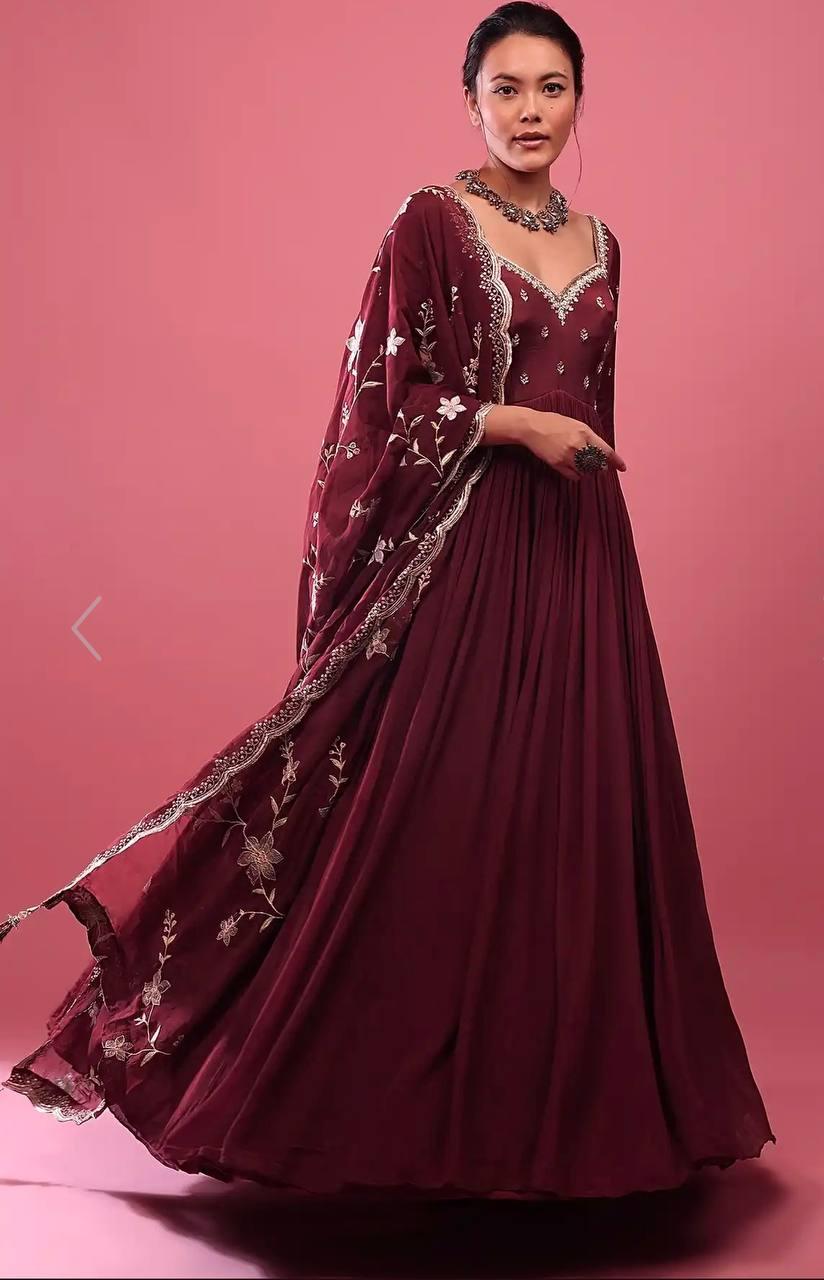 Maroon Georgette Embroidery Salwar Suit with Dupatta - Indiakreations