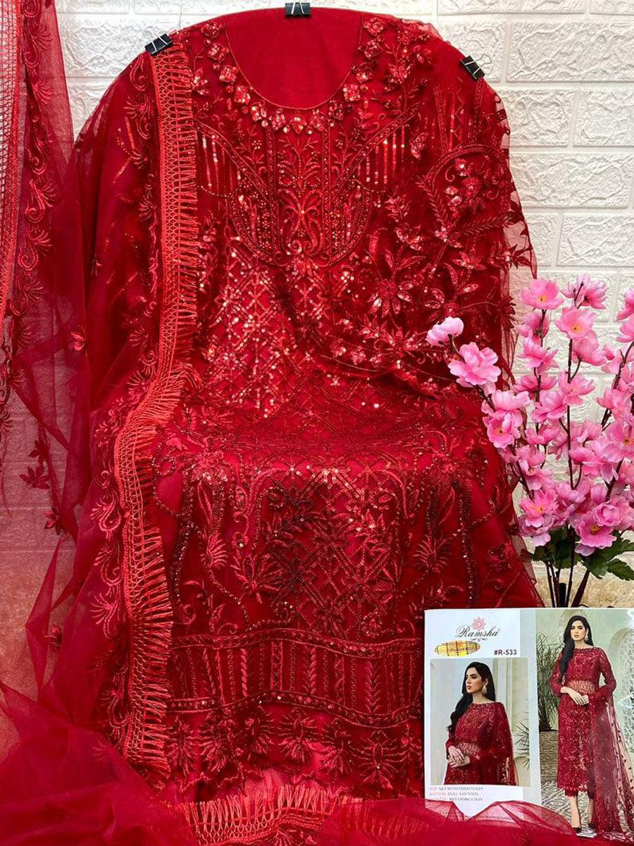 Blood Red Net Embroidery Anarkali with Dupatta Set - Indiakreations