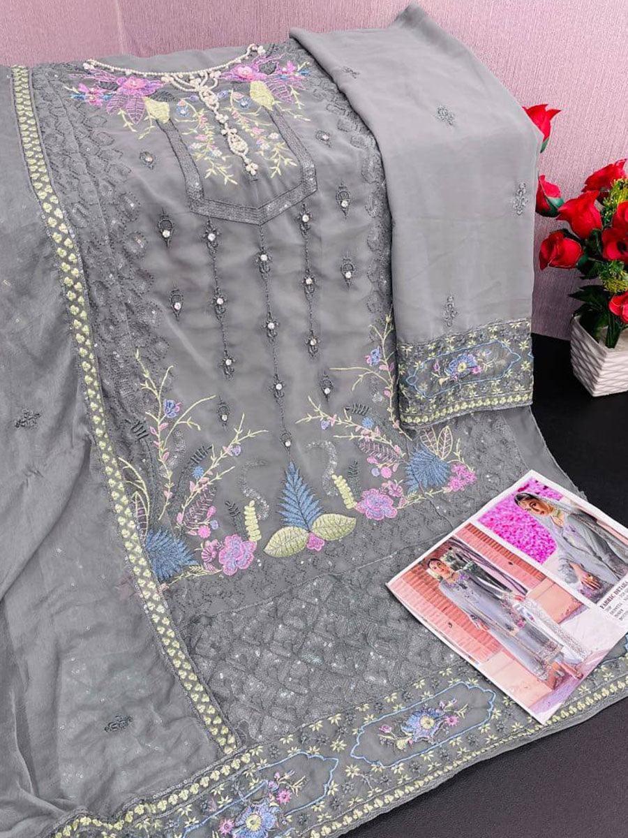 Dark Grey Georgette Embroidery Anarkali with Dupatta Set - Indiakreations