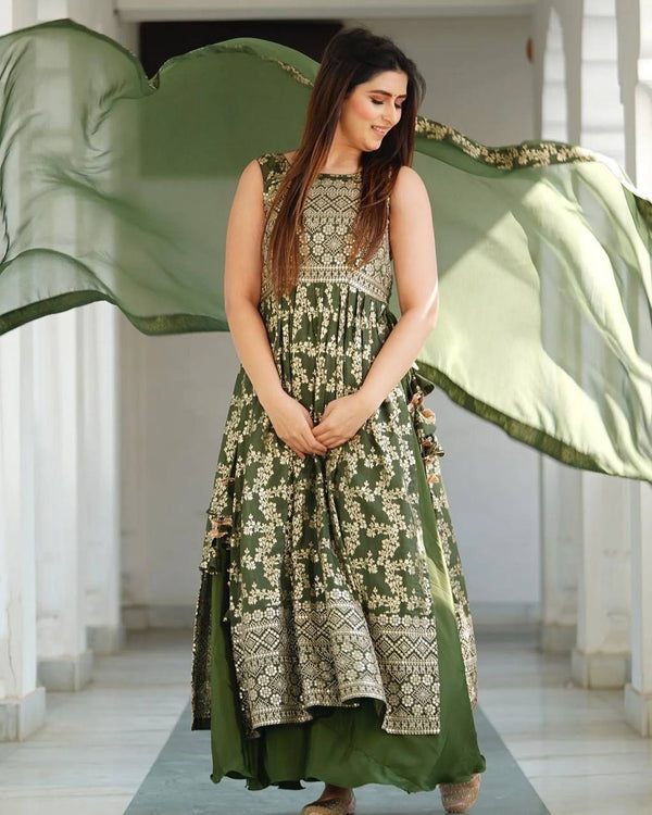 Moss Green Leaf Georgette Embroidery Salwar Suit With Dupatta Set