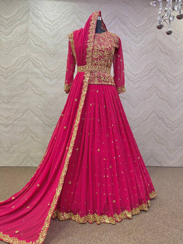 Deep Pink Georgette Embroidery Salwar Suit With Dupatta Set