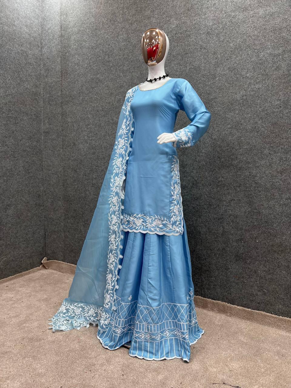 Blue Japan Satin Silk Embroidery Salwar Suit with Dupatta - Indiakreations