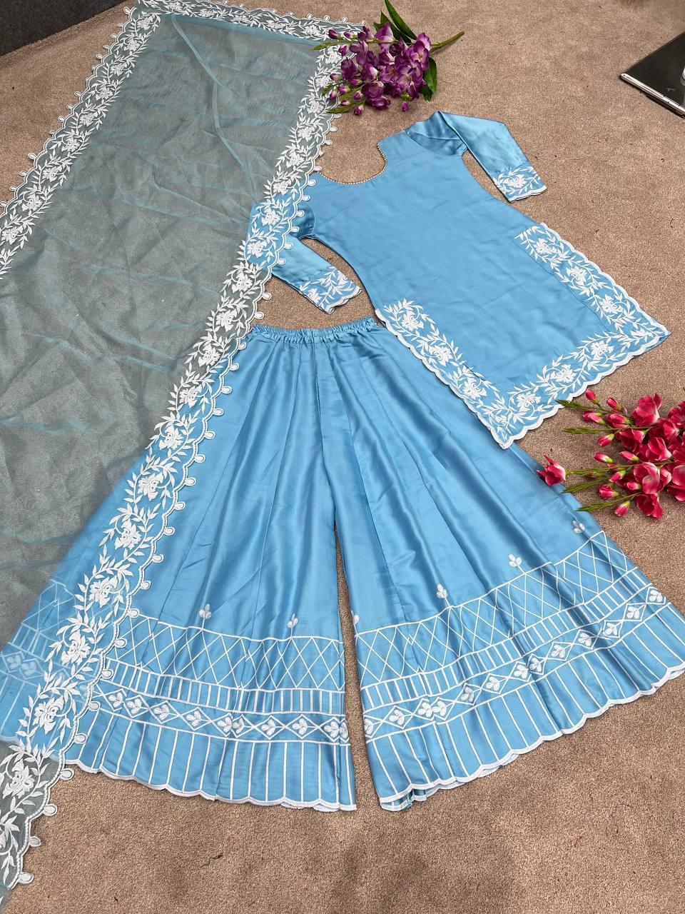 Blue Japan Satin Silk Embroidery Salwar Suit with Dupatta - Indiakreations