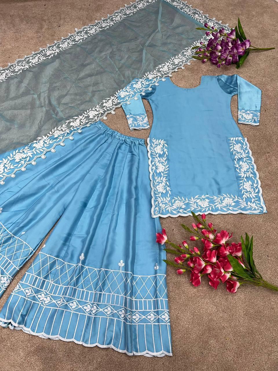 Blue Japan Satin Silk Embroidery Salwar Suit with Dupatta - Indiakreations