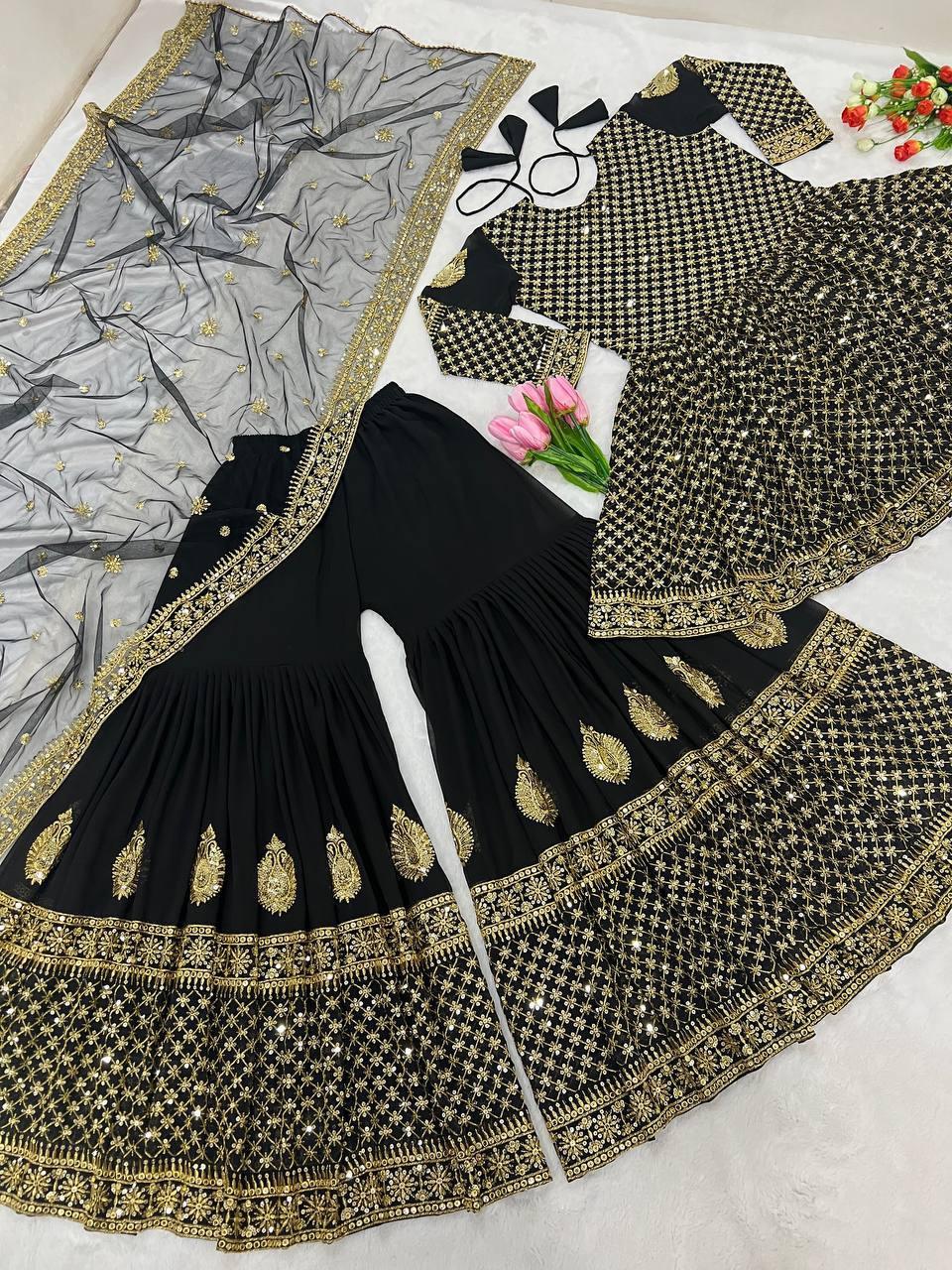 Black Georgette Embroidery Salwar Suit with Dupatta - Indiakreations