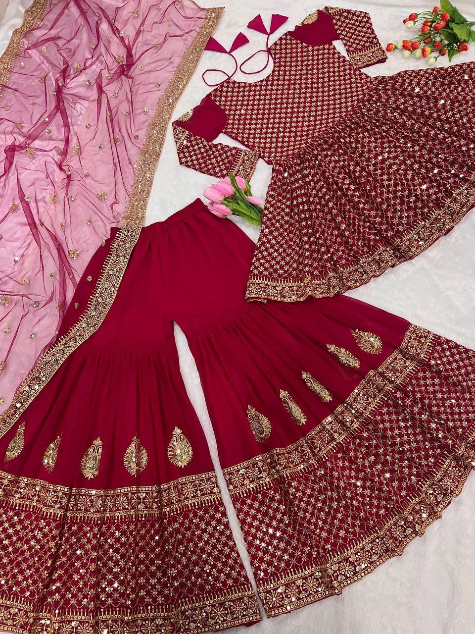 Red Georgette Embroidery Salwar Suit with Dupatta - Indiakreations