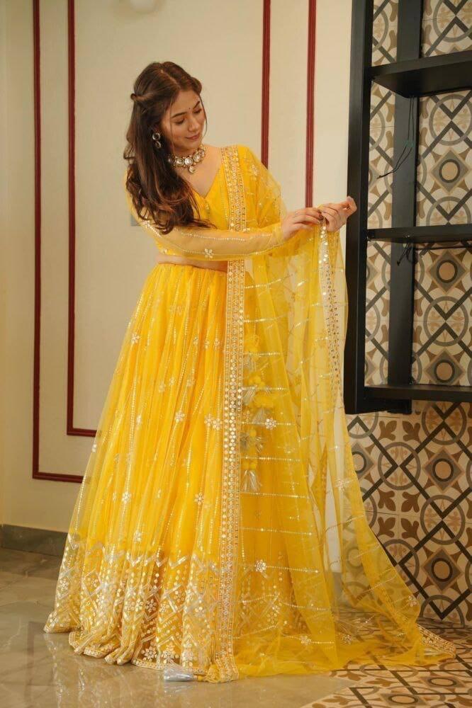 Yellow Heavy Net Embroidery Sequins Lehenga Choli - Indiakreations