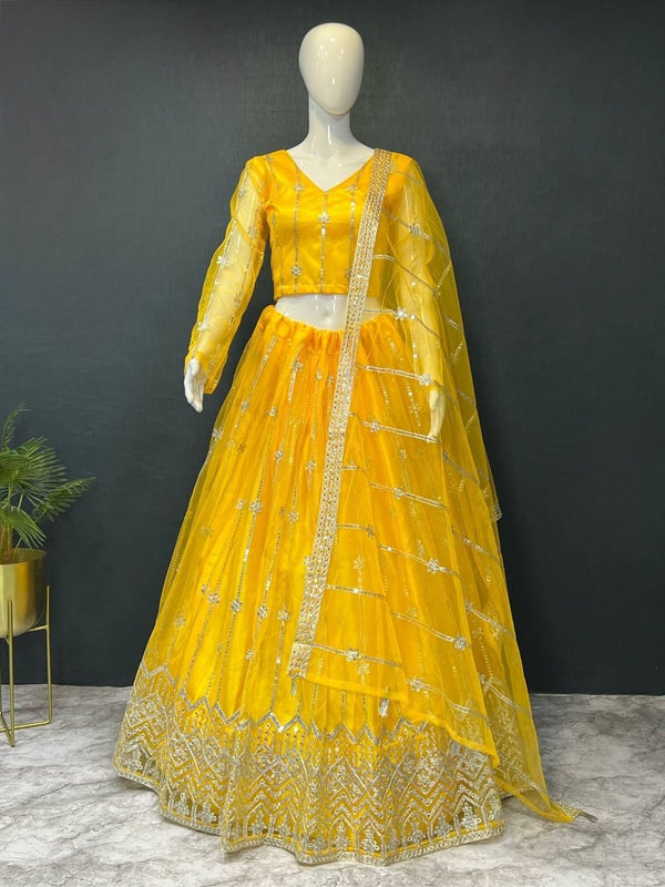 Yellow Heavy Net Embroidery Sequins Lehenga Choli - Indiakreations