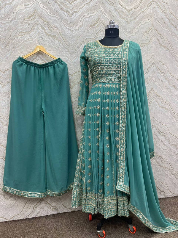 Teal Blue Georgette Embroidery Salwar Suit With Dupatta Set