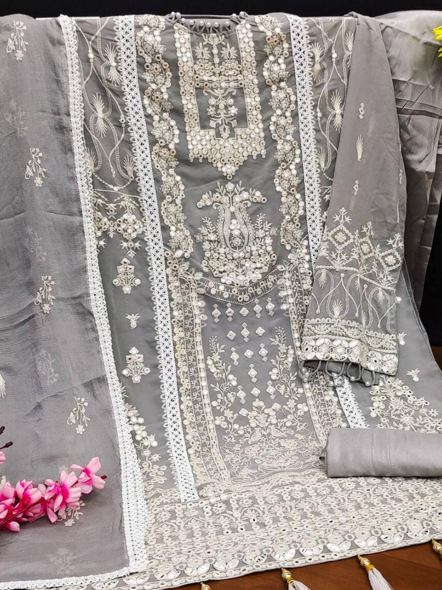 Dolphin Grey Georgette Embroidery Anarkali with Dupatta Set - Indiakreations