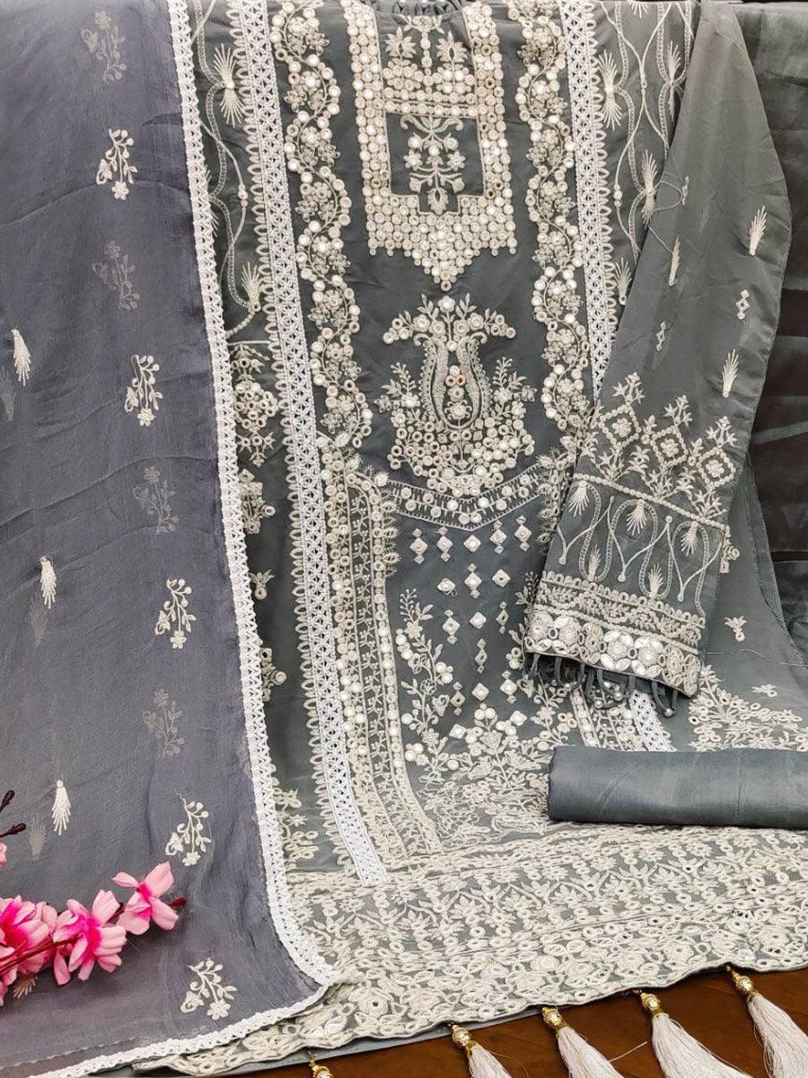 Slate Grey Georgette Embroidery Anarkali with Dupatta Set - Indiakreations