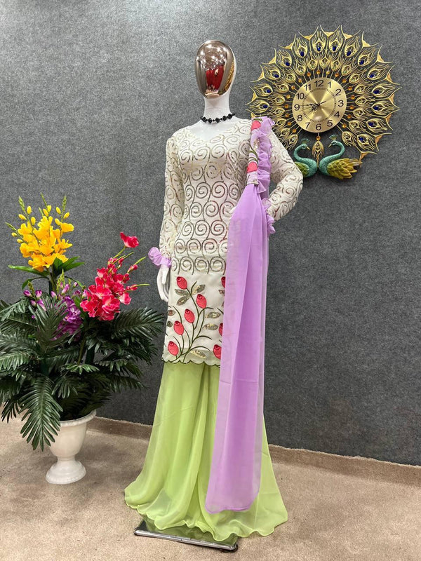 White And Green Floral Georgette Embroidery Salwar Suit with Dupatta Set - Indiakreations