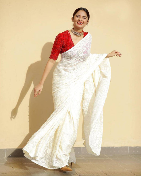 White And Red Georgette Embroidery Saree