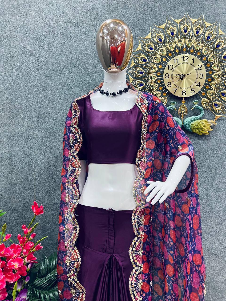 Violet Purple Floral Japan Satin Silk Salwar Suit with Dupatta Set - Indiakreations