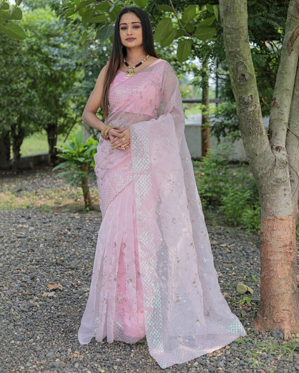 Pastel Pink Organza All Over Luxury Sequins Saree