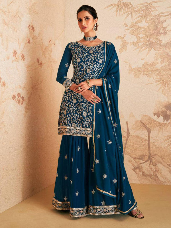 Blue Floral Georgette Embroidery Anarkali - Indiakreations