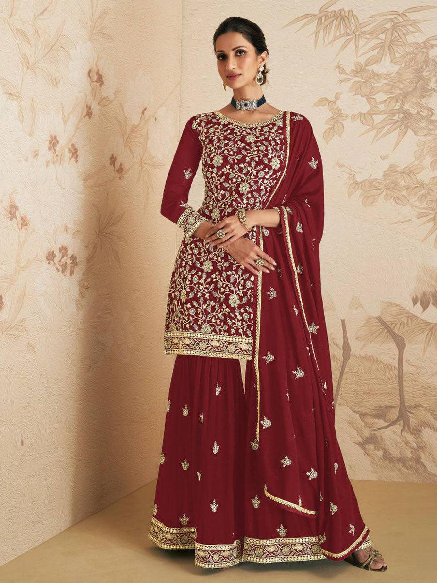 Red Floral Georgette Embroidery Anarkali - Indiakreations