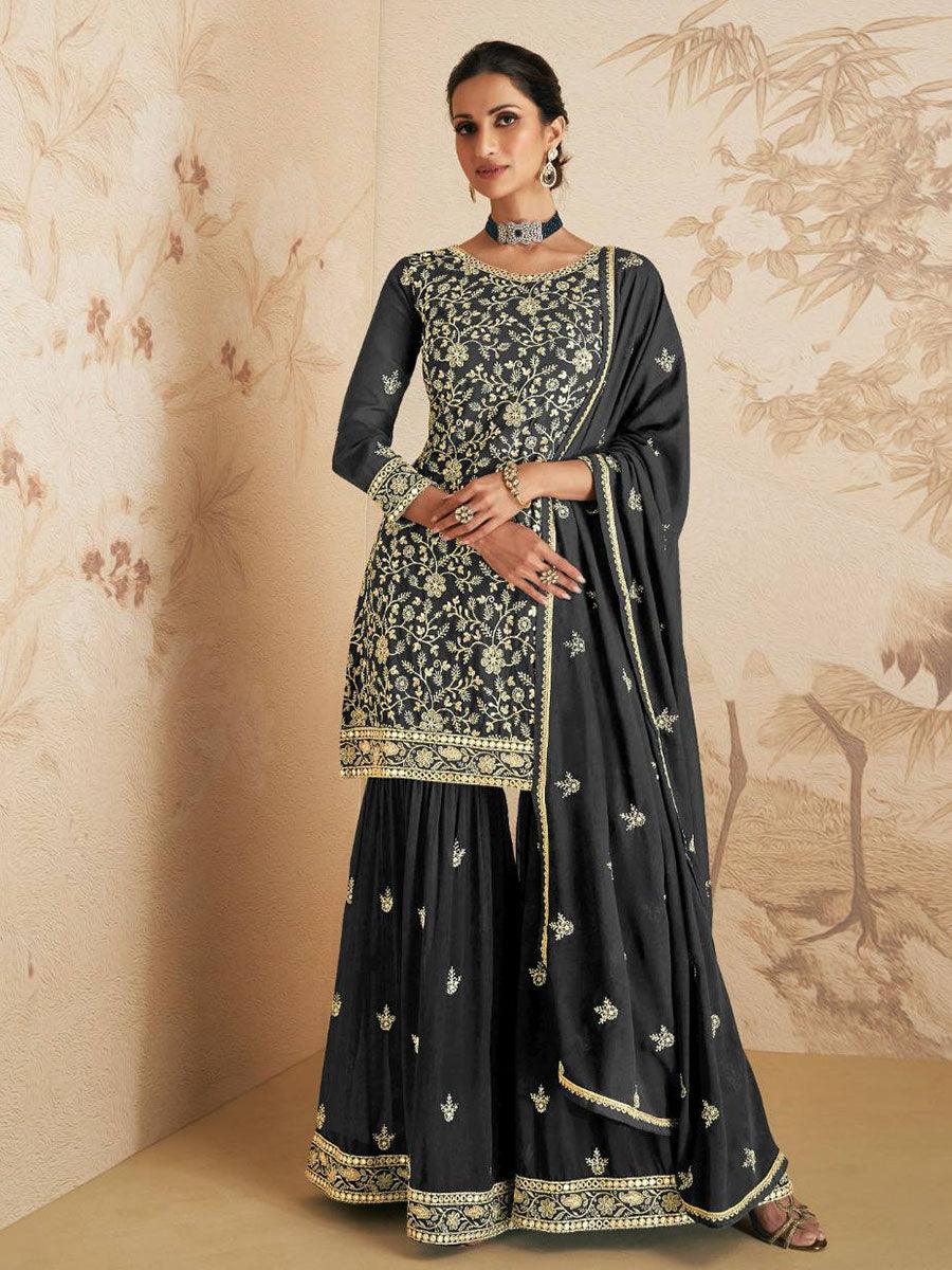 Dark Grey Floral Georgette Embroidery Anarkali - Indiakreations